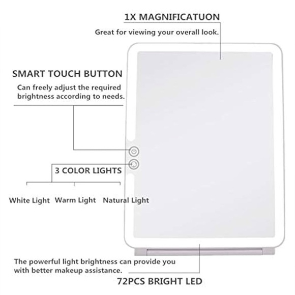 Folding Lighted Makeup Mirror White 72 LEDs 3 Colors Light Modes USB - Picture 4 of 16